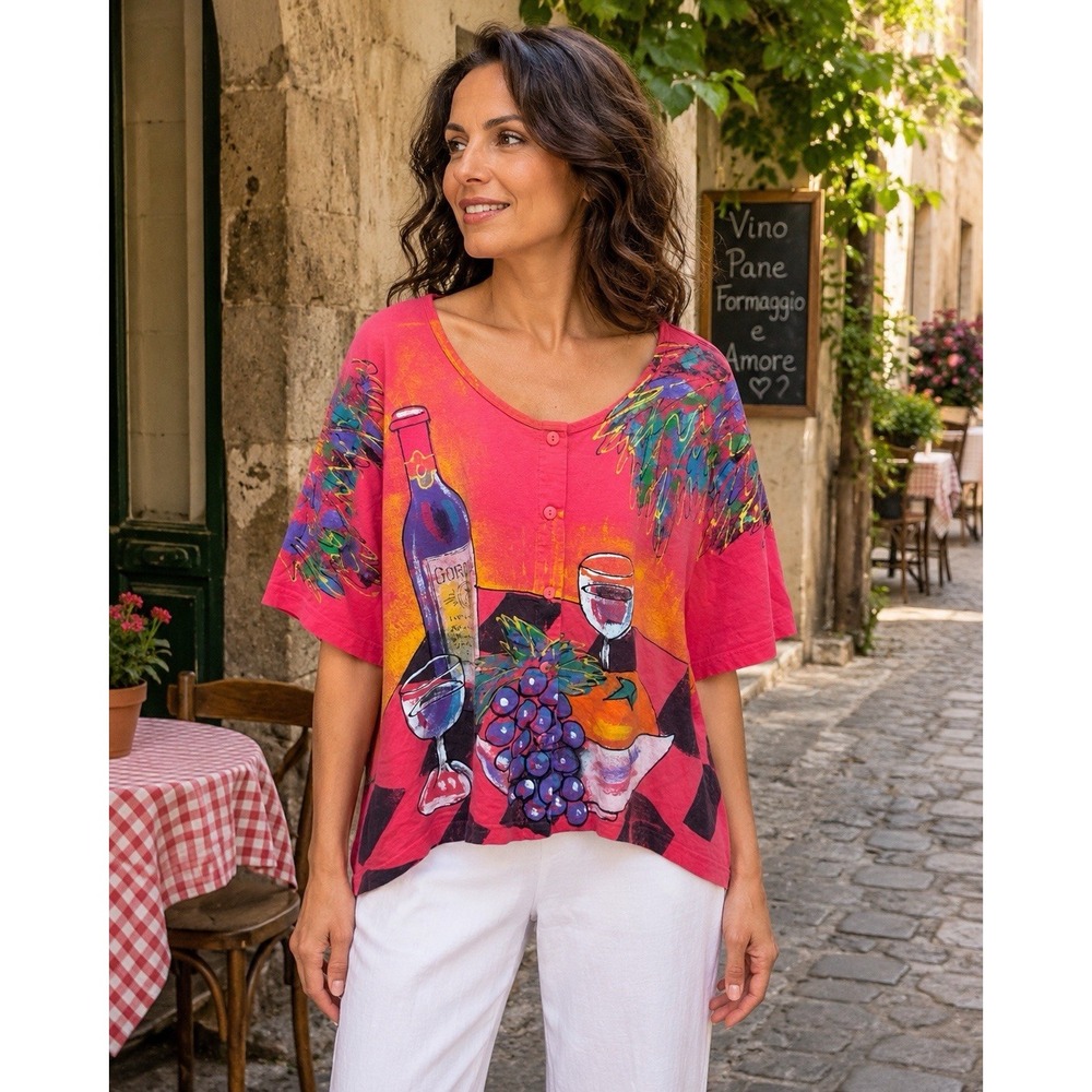 Women's Plus Size Wine Grapes Art To Wear Top Pink Boho Lagenlook Oversized